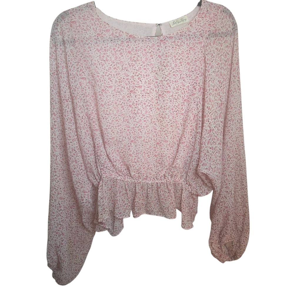 LoveShackFancyβ Silk Pink Floral Peplum Blouse Balloon Sleeves Elastic Waist M
